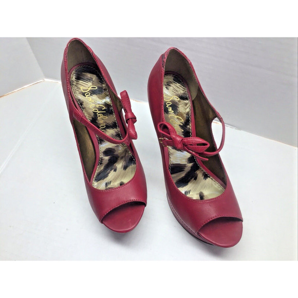 Edelman Red Leather Poppy Stilettos Peep Toe Platform Bow Ankle Strap 7.5 & Box - Picture 6 of 12